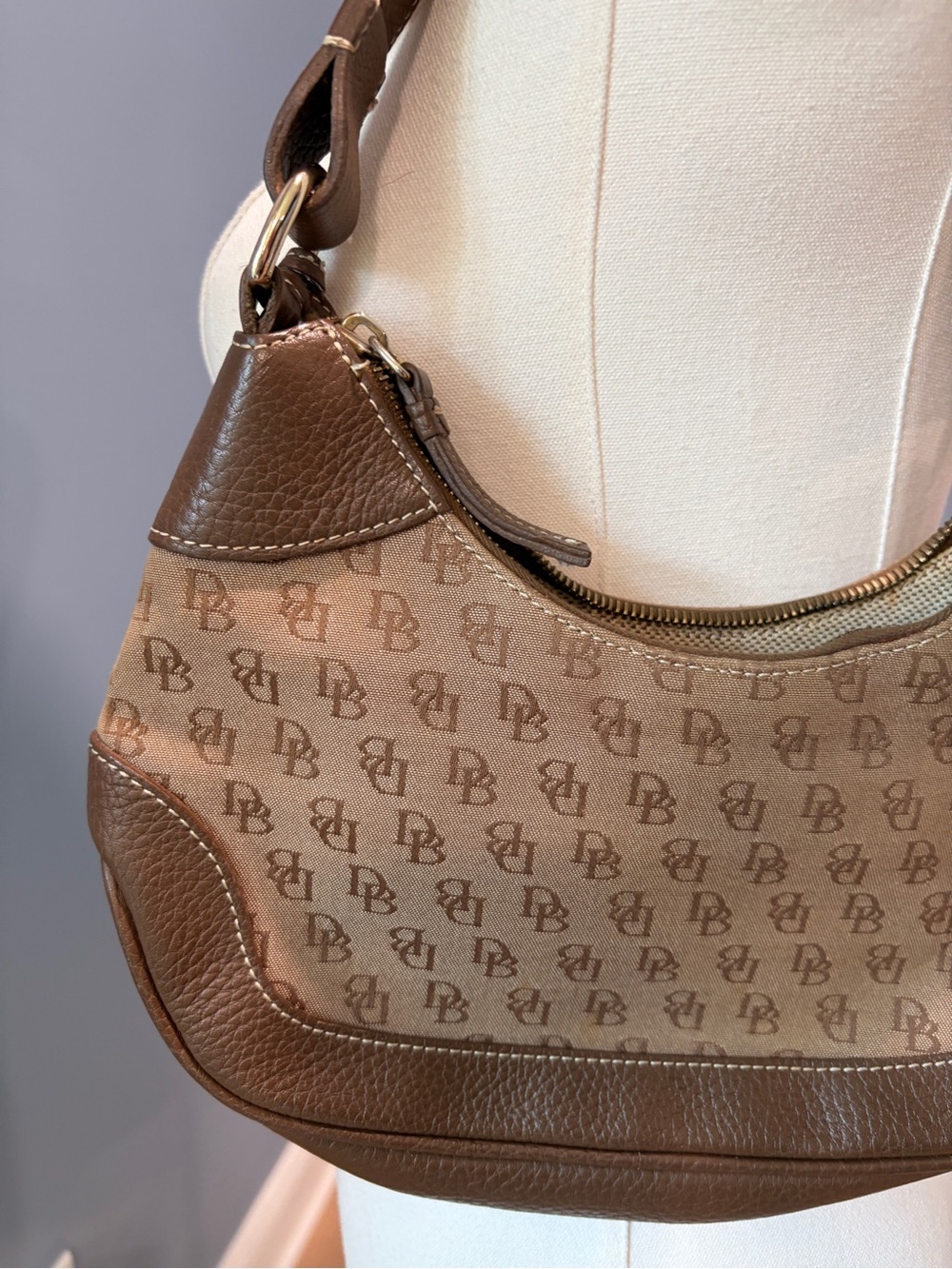Dooney & Bourke DB Monogram Canvas Leather Shoulder Bag Brown Hobo Purse - Picture 6 of 11
